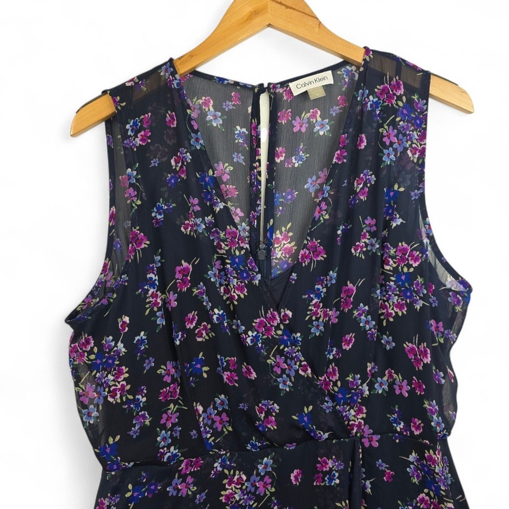 Calvin Klein Dress Navy Floral Print A-Line Hi-Low Wrap Size 14 - Picture 3 of 16